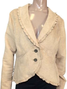 Faded Glory Tan Faux Suede Ruffled Blazer Jacket Womens Size Large (12/14) Fall